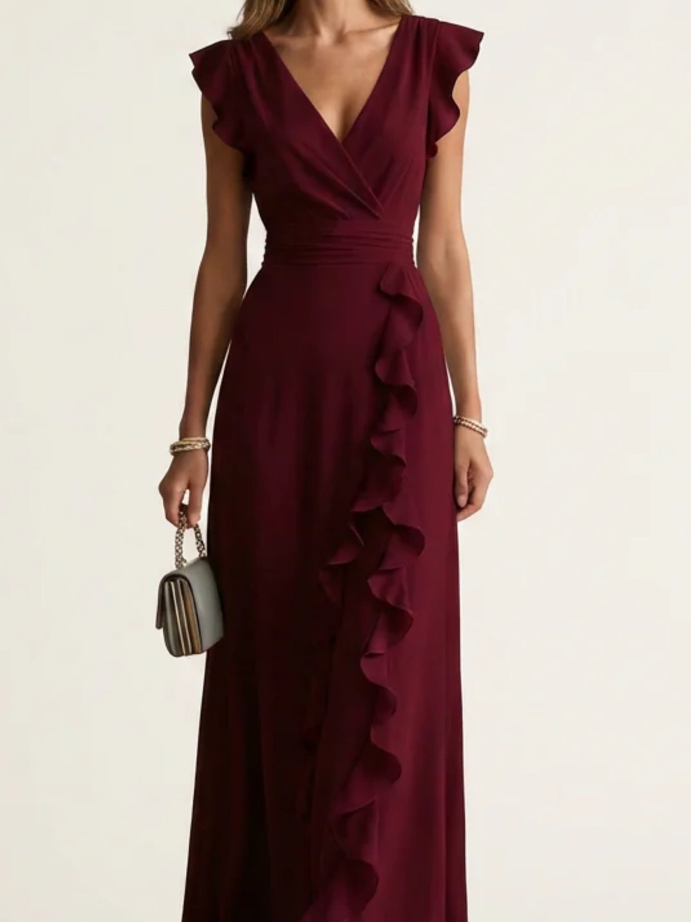 NWT Ruffled V-Neck Maxi Dress in Burgundy size small